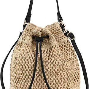Women Straw Drawstring Bucket Purse Small Tote Shoulder Handbag Beach Summer